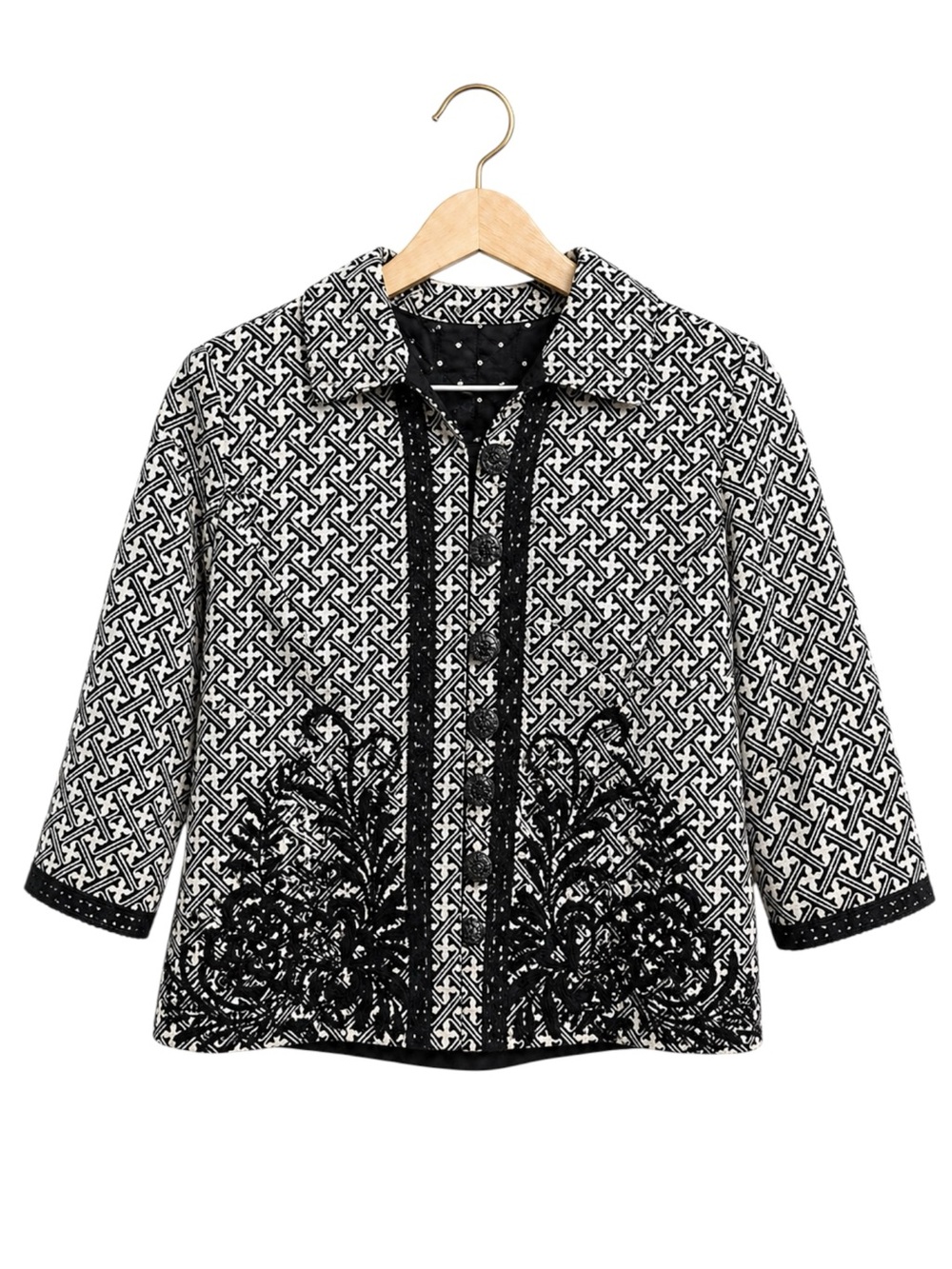 Vintage Handmade Embroidered Jacket Black White Floral Cropped‎ M Unique